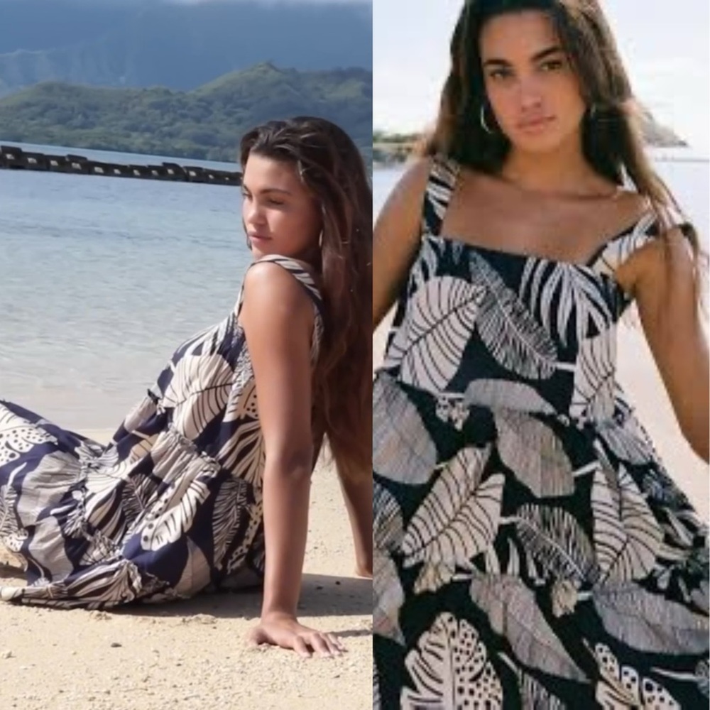 Tropical Print Mini Dress with Smocking at Chest - Size M - Navy and Cream - Picture 4 of 4
